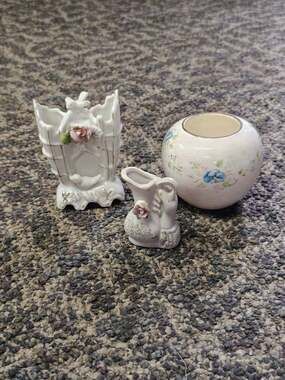 Vintage Japan Ceramic Bird And Floral Vase Set